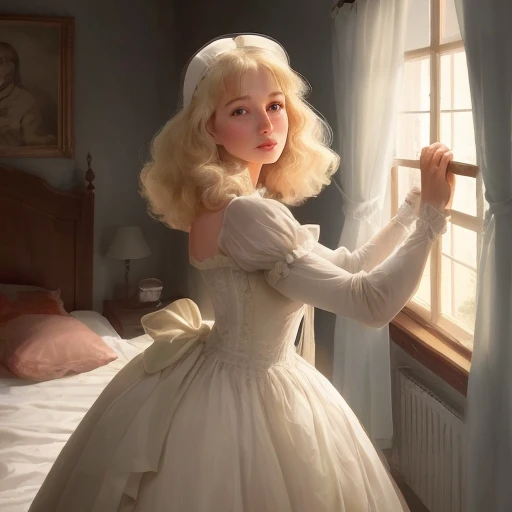 Madame is getting dressed while a ray of morning sunlight falls through French windows on the crumpled sheets and blankets of an (unmade:1.5) fourposter bed on the background in a medieval castle room, (((ligne claire, strong and clean lines, no hatching))), full-colour illustration, extremely high details, (((by Edgar P. Jacobs))), by Jacques Martin, by Roger Leloup, in the Franco-Belgian comics tradition, warm colours, masterpiece