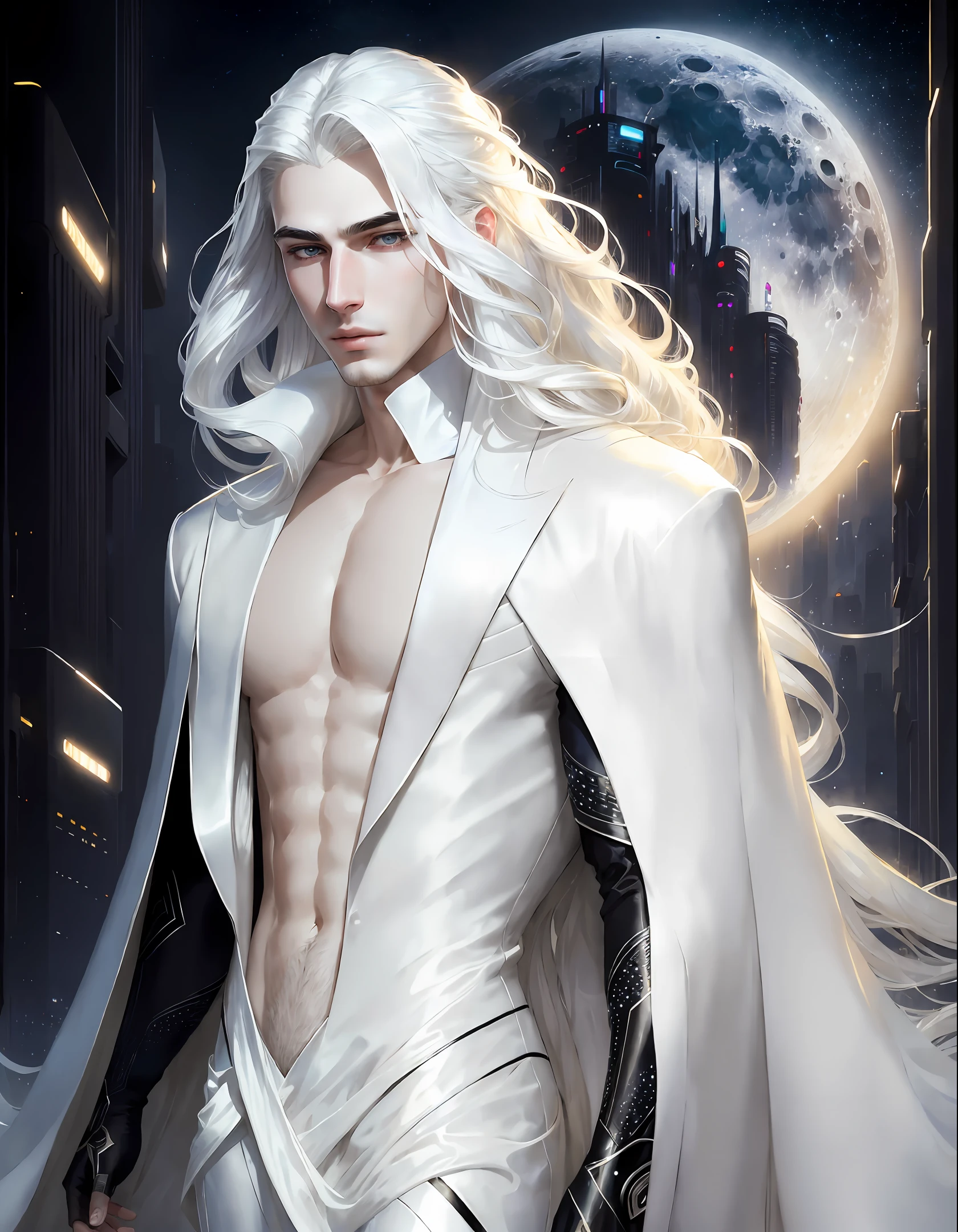 masterpiece, highest quality, (solo focus), (perfect face:1.1), (high detail:1.1),dramatic, 1guy, (pale skin), long white hair, white eyes, ((light eyebrows)), solo, long hair, moon, night, white luxury suit, covered navel, pouty lips, covered, futuristic city, detailed background, art by artgerm and greg rutkowski, cinematic lighting,