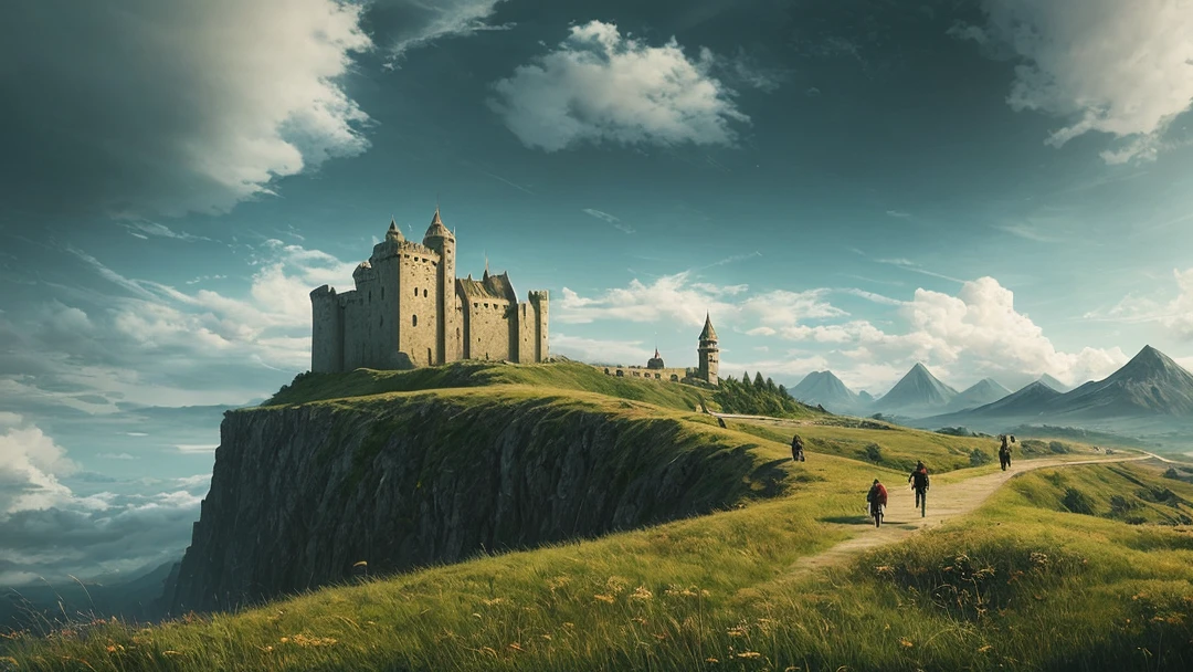ConceptArt, landscape, person, outdoors, clouds, sky, castle, bridge, grass, tower, building, mountains, cloudy sky, scenery, day, Exodus_Style