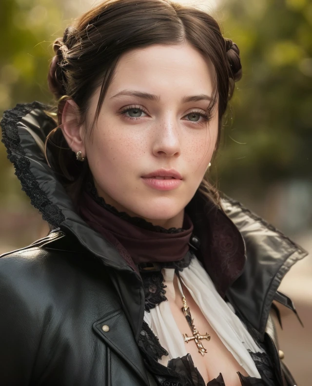 Evie Frye from Assassin's Creed Syndicate, ((Assassin's Creed cosplay)), Assassin's Creed Evie Frye hairstyle, (Details face), (detailed eyes), black eyeliner, (large breast:1.2),seductive smile, plump girl, highres, masterpiece, 1girl, solo, best quality, realistic,looking at viewer, perspective shot, navel, smirk, aroused, 4K, HDR. by (James C. Christensen:1.2|Jeremy Lipking:1.1), (photorealistic:1.2), (realistic:1.5), (hyperrealistic:1.2),(photorealistic face:1.2), full body shot with high heels, best quality, high resolution, standing on the streets, (extremely detailed 8k wallpaper, Ultrarealistic:1.3), subsurface scattering,(full body shot:1.4), similar face structure as the reference image, light freckles around the upper checks,