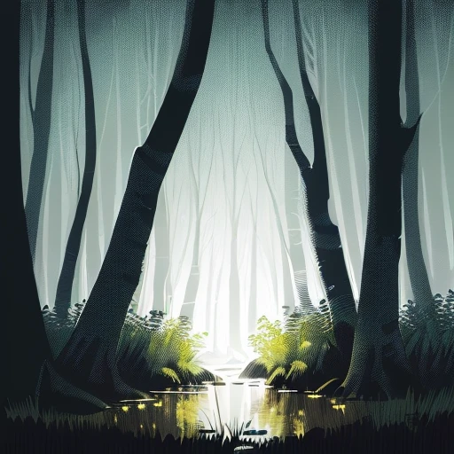 A small distant pinprick of light among the trees in a dark swamp on a moonless night, (((ligne claire, strong and clean lines, no hatching))), full-colour illustration, extremely high details, (((by Edgar P. Jacobs))), by Jacques Martin, by Roger Leloup, in the Franco-Belgian comics tradition, warm colours, masterpiece