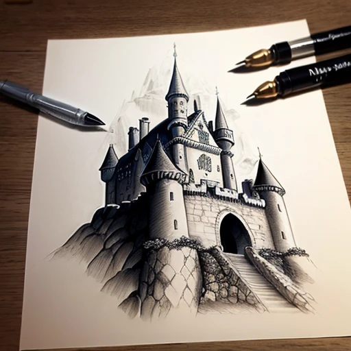 medieval castle,ink,sketch
