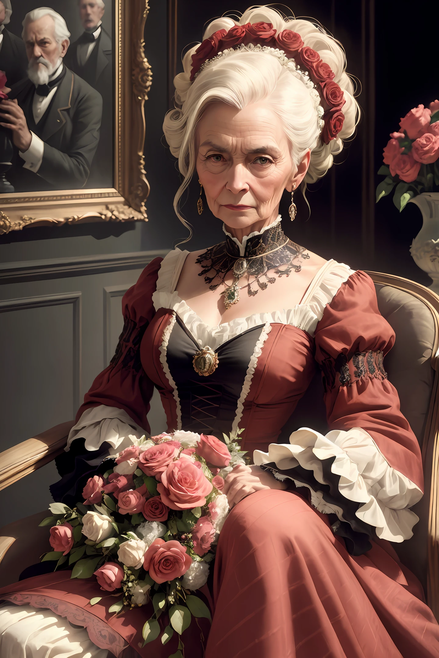 The 19th century, portrait of old lady, rich hairstyle, jewelry, sitting on chair, rich bouquet with roses, High quality photo, ultra high res, (photorealistic:1.4), classicism, cinema lighting, insanely detailed, hyper realistic, intricate design, fine details, octane render