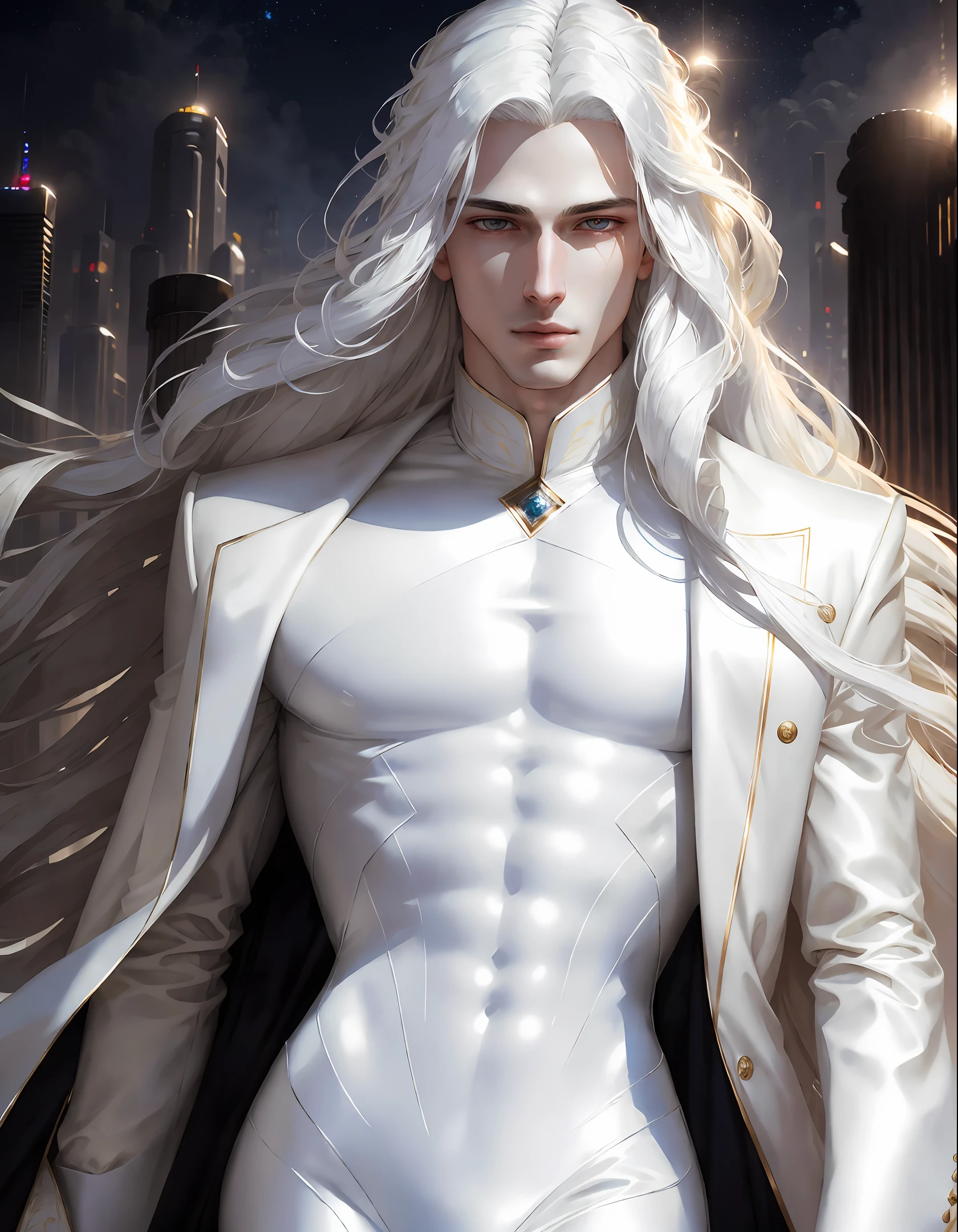 masterpiece, highest quality, (solo focus), (perfect face:1.1), (high detail:1.1),dramatic, 1guy, (pale skin), long white hair, white eyes, solo, long hair, moon, night, white luxury suit, covered navel, pouty lips, covered, futuristic city, detailed background, art by artgerm and greg rutkowski, cinematic lighting,