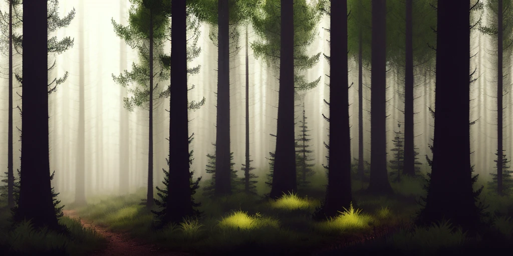 The distant light of one candle is barely visible among the trees in a dark and deserted forest on a moonless night, (((ligne claire, strong and clean lines, no hatching))), full-colour illustration, extremely high details, (((by Edgar P. Jacobs))), by Jacques Martin, by Roger Leloup, in the Franco-Belgian comics tradition, warm colours, masterpiece, dark night, dark forest, sinister, dark woods, sinister woods