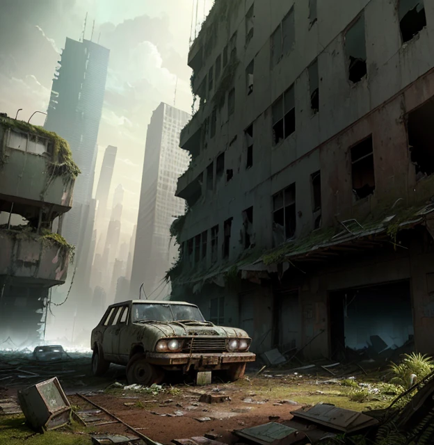 An ultra-detailed CG illustration of a lone survivor in a post-apocalyptic cyberpunk cityscape, standing in the center of the ruins overgrown with moss and plants, with a dynamic angle highlighting the destruction and abandonment of the city, there are many destroyed vehicles around.