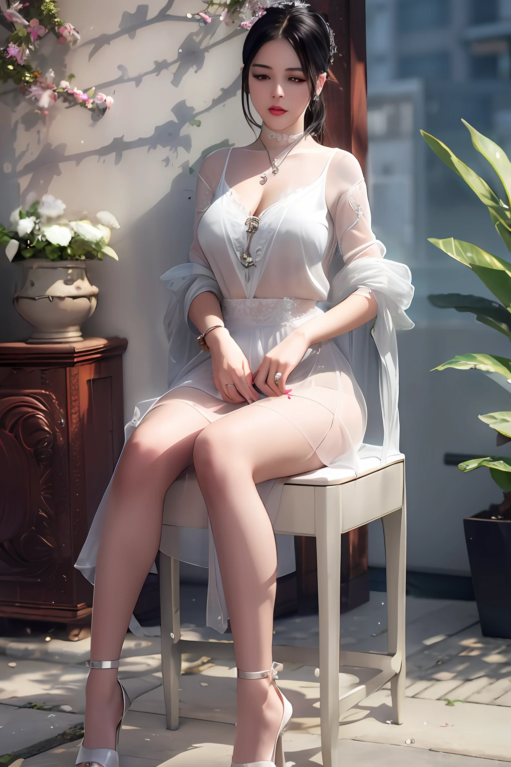 Crying, tears, white hair, delicate hairstyle, a girl wet from the rain, standing on the street, big breasts, open chest, long eyelashes, lip gloss, transparent white shirt, necklace, earrings, top quality, transparent black miniskirt, high resolution rate, 8K quality