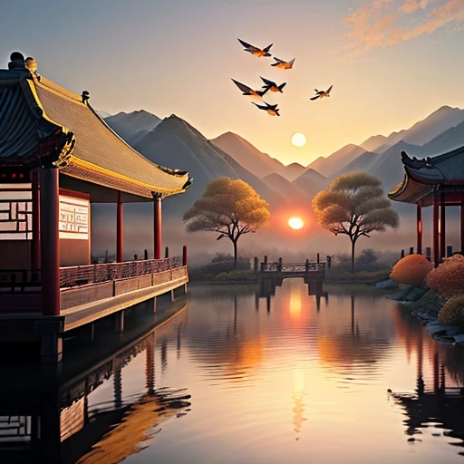 Ancient Chinese Landscape, ((Evening)), ((Sunset Glow)), ((Flying Swallow)), ((Autumn Water)), ((Scholar&#39;s Back View)), ((High Pavilion)), ((Sky)) , (((eight perspective))