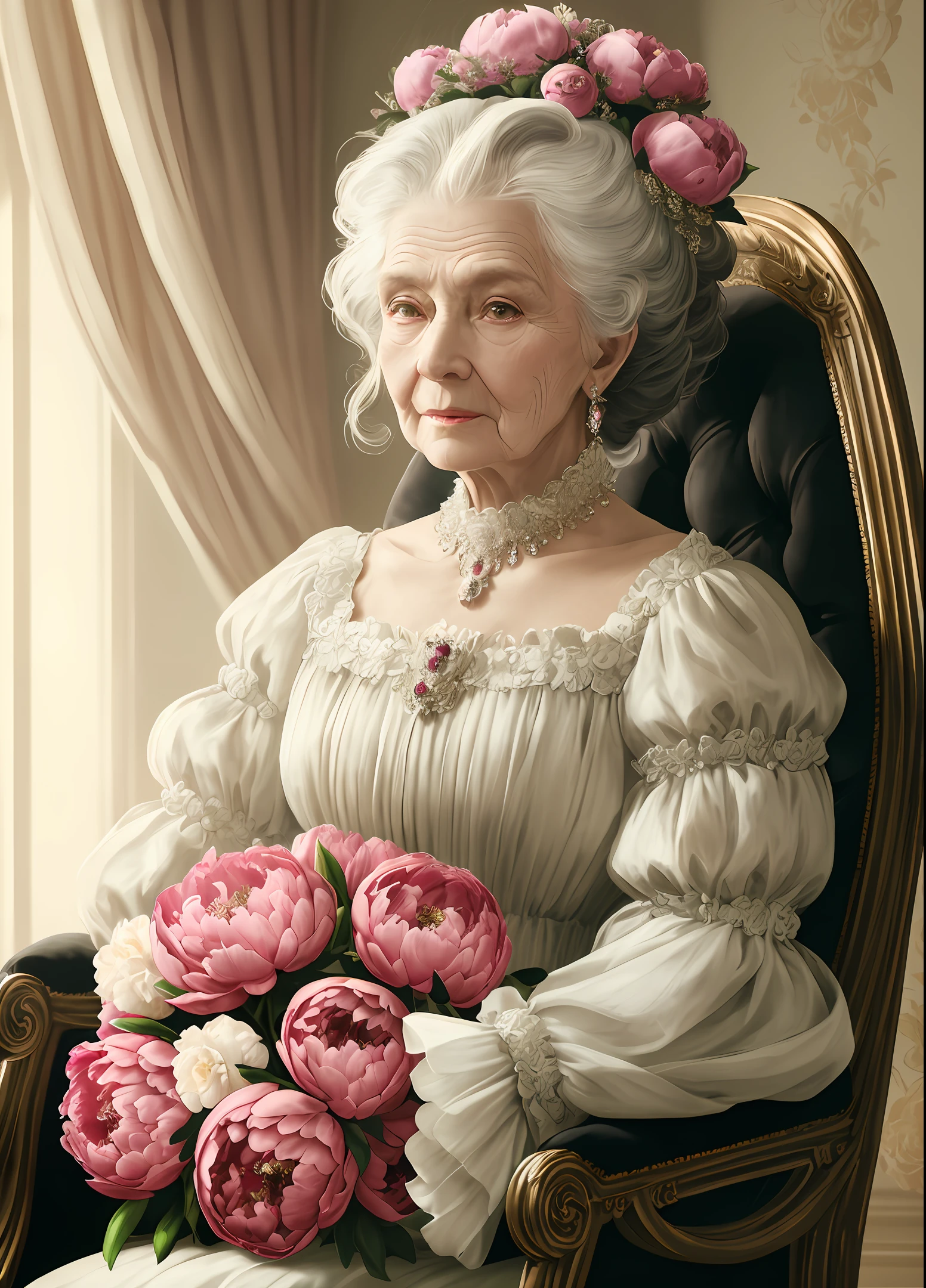 The 19th century, portrait of old lady, rich hairstyle, jewelry, sitting on chair, rich bouquet of peonies, widow with drappery and sunny lighting on background,High quality photo, ultra high res, (photorealistic:1.4), classicism, cinema lighting, insanely detailed, hyper realistic, intricate design, fine details, octane render
