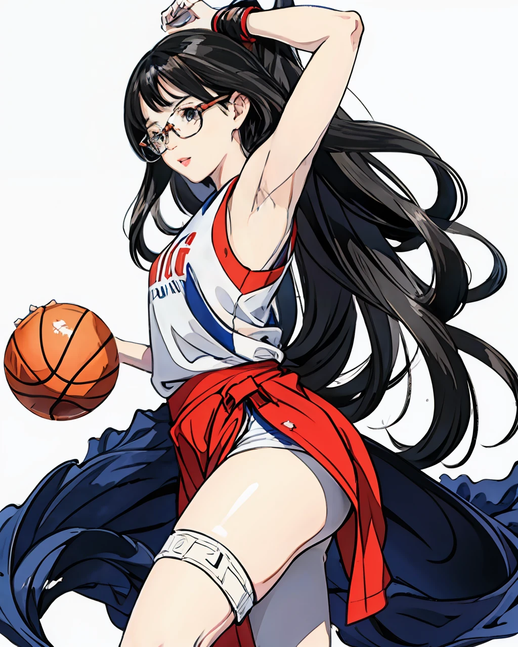 stechu,(white background:1.4), ((tachi-e)), original,(illustration:1.1),(best quality),(masterpiece:1.1),(extremely detailed CG unity 8k wallpaper:1.1), (colorful:0.9),(panorama shot:1.4),(solo:1.2), (ink splashing),(color splashing),((watercolor)), clear sharp focus,{ 1girl standing },((basketball girl)),flower background,outdoors,rocks, not looking at viewer, soft smile,pure,beautyfull detailed face and eyes, black hair,black eyes,colorwater, big butt, (flowing cloth:1.2), floating hair, glasses, basketball outfit, floating skirt, flowing hair, showing armpit