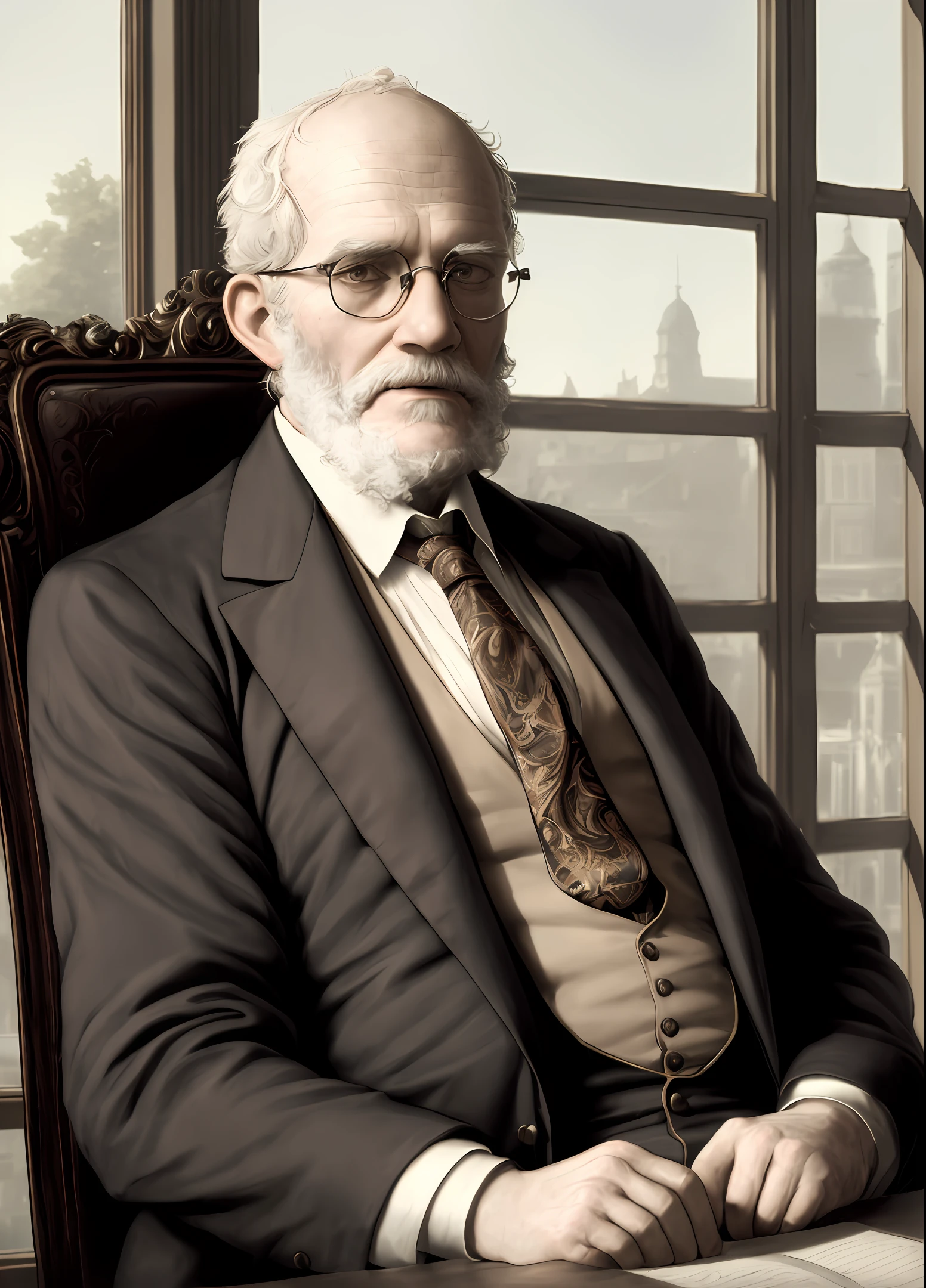 The 19th century, portrait of old shaven man with glasses and with a tie sitting on chair, sunny window, High quality photo, ultra high res, (photorealistic:1.4), classicism, cinema lighting, insanely detailed, hyper realistic, intricate design, fine details, octane render