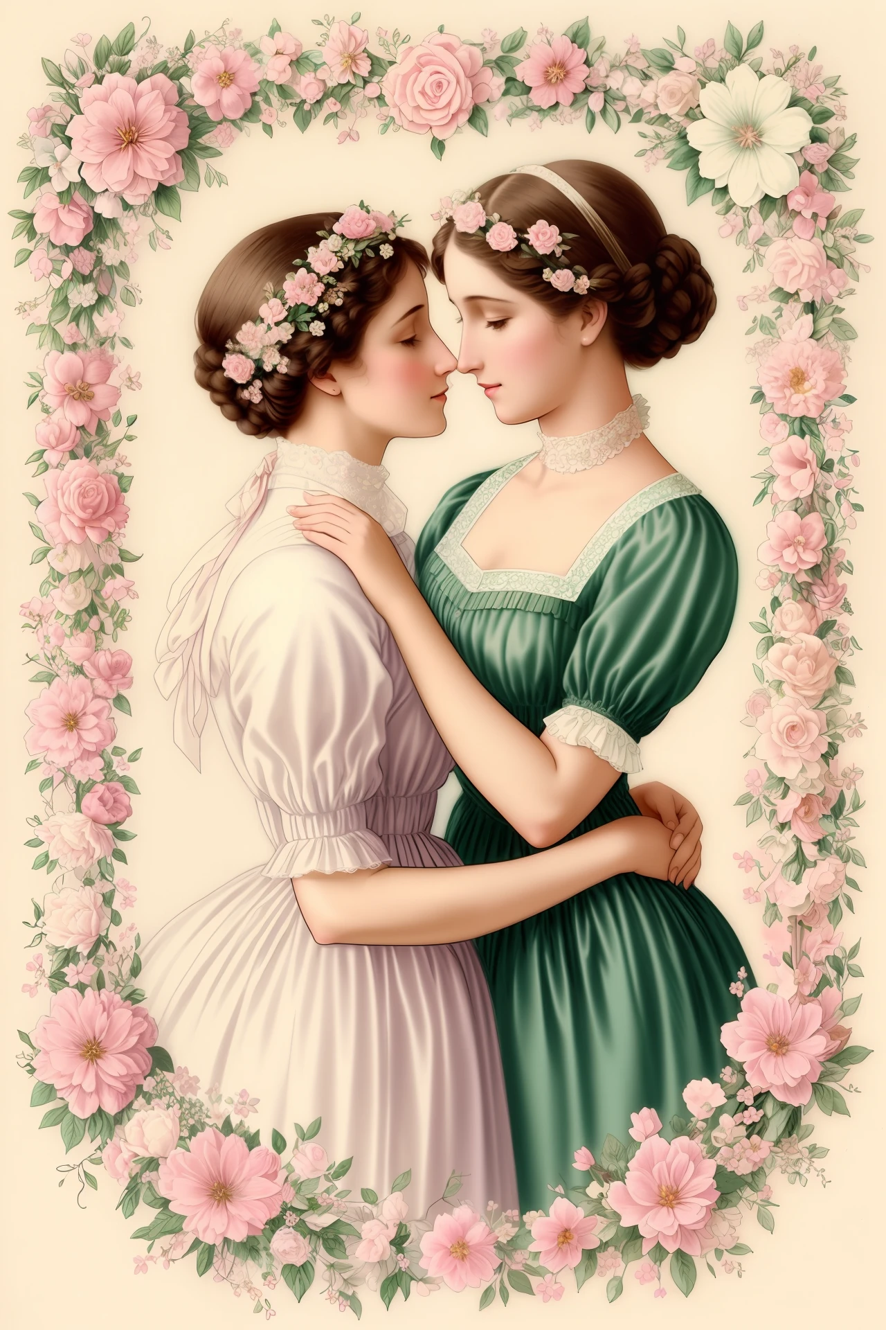 A beautiful 19th century Mother's Day card with intricate details and pastel colors depicting flowers and love, high quality, delicate and vintage aesthetic, with hand-drawn floral elements, ornate borders, and soft shading. Emphasis on warmth, love, and appreciation.