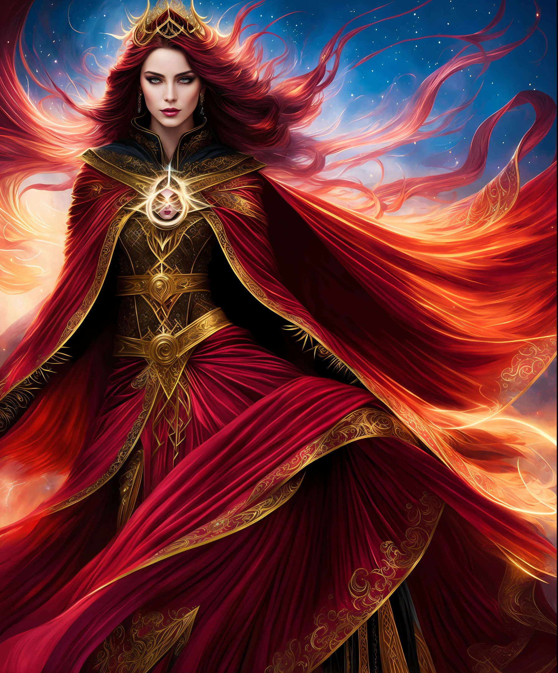 ::
digital painting MTG card art, dynamic pose::
a Wiccan priestest, Cloak with intricate details, rubis red long hair, a vast, shining metropolis filled with light and warmth., fantasy, dynamic pose, intricate details, detailed eyes, detailed face, masterpiece, fierce, beautiful, movement, realistic, very detailed