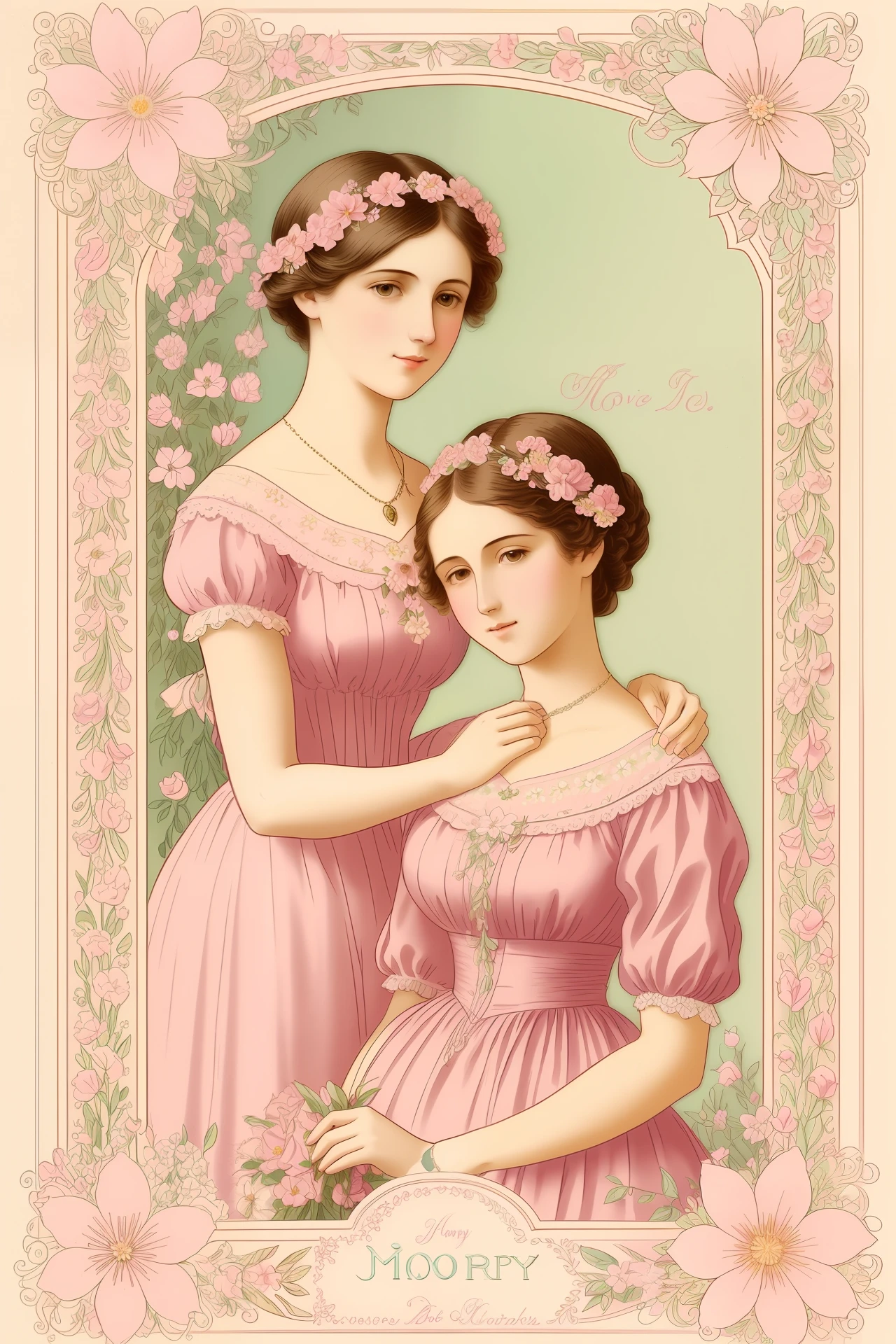 A beautiful 19th century Mother's Day card with intricate details and pastel colors depicting flowers and love, high quality, delicate and vintage aesthetic, with hand-drawn floral elements, ornate borders, and soft shading. Emphasis on warmth, love, and appreciation.