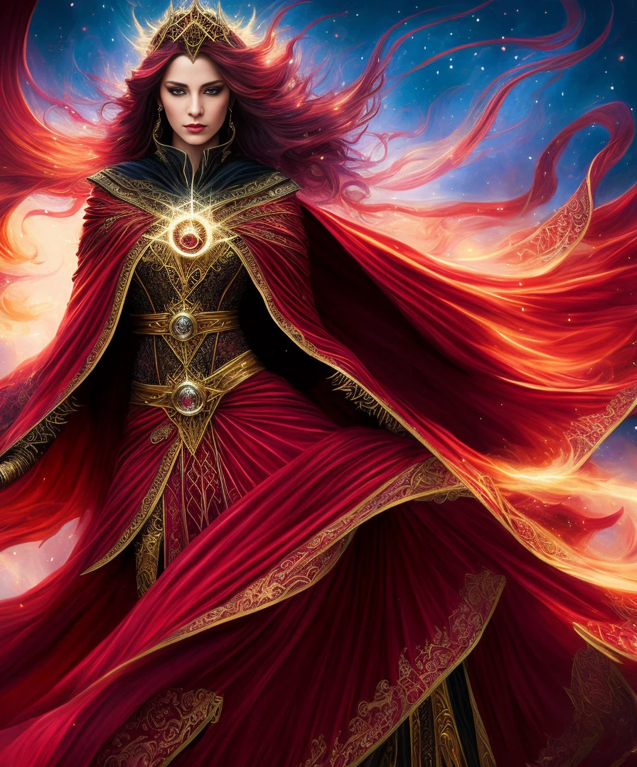 ::
digital painting MTG card art, dynamic pose::
a Wiccan priestest, Cloak with intricate details, rubis red long hair, a vast, shining metropolis filled with light and warmth., fantasy, dynamic pose, intricate details, detailed eyes, detailed face, masterpiece, fierce, beautiful, movement, realistic, very detailed