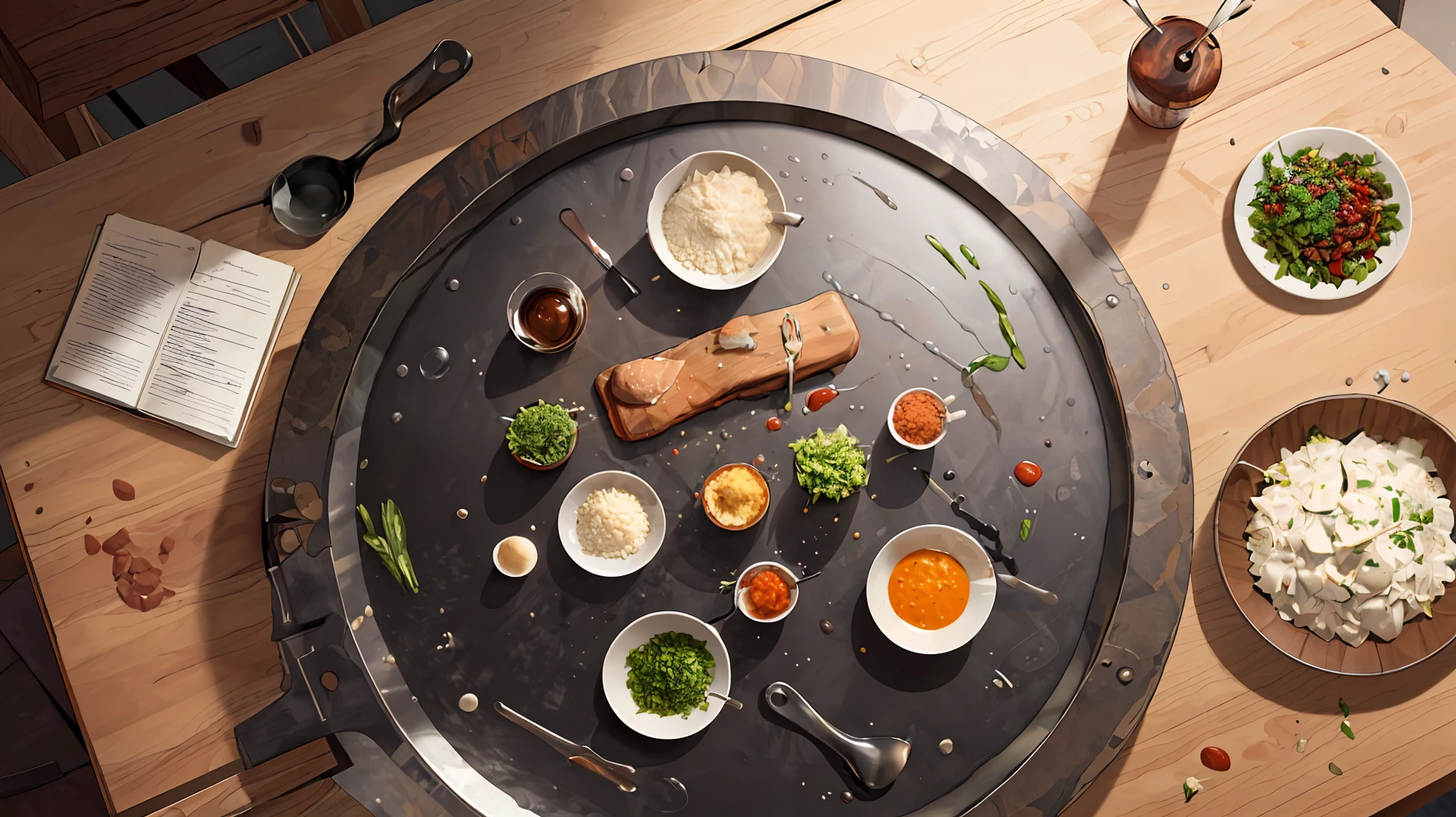 Table with ingredients, chef prepares a dish, hyperrealism, 4k, unrealistic engine, photorealism, top view