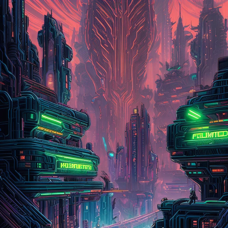 By (dan mumford:1.4) extremely epic illustration, a futuristic city, intricate, neon light, dramatic lighting, (thick lines:1.3), thick contours, low detailed