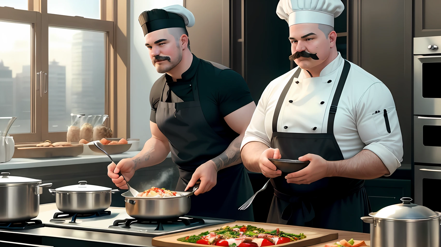 chef preparing food in city view kitchen, black mustache, white apron, white cap, beefy chef, 4k food advertisement, best chef, cooking show, food stylist, gourmet cooking, cook, realistic fantasy rendering, professional food photo, super realistic food photography, cooking, chef's table, realistic daylight, culinary art photography, hyper realistic rendering, hyper realistic rendering, front view, symmetrical composition, chef in the center, table with food in the center, right window, back stove with oven