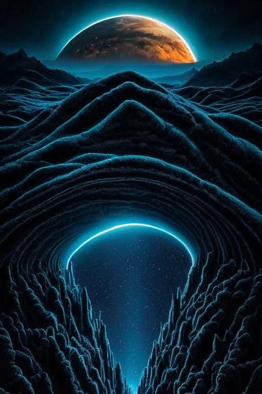 Dreamlike art portrays the grandeur of the universe where spiral galaxies and the cosmic horrors beyond comprehension coexist in a canvass filled with light that casts ink and shadow. Big men with striking eyes peer into a dublex with a mountainous horizon and the sun rising, while glitch and databending spread chaos across the scenery.