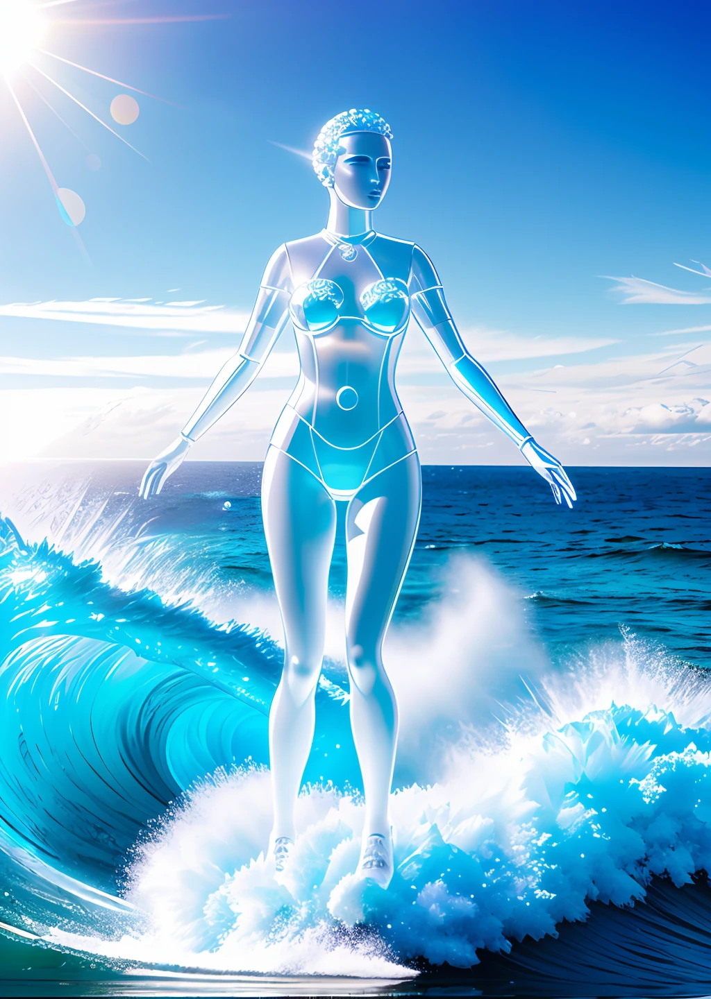 Science fiction movie poster, (((crystal transparent)) sci-fi character)), ((crystal carved transparent girl)), is gliding along a huge ocean wave, thrilling and tense, medium shot, sci-fi scene, with the sea in the background , spray, ocean, foam, high texture