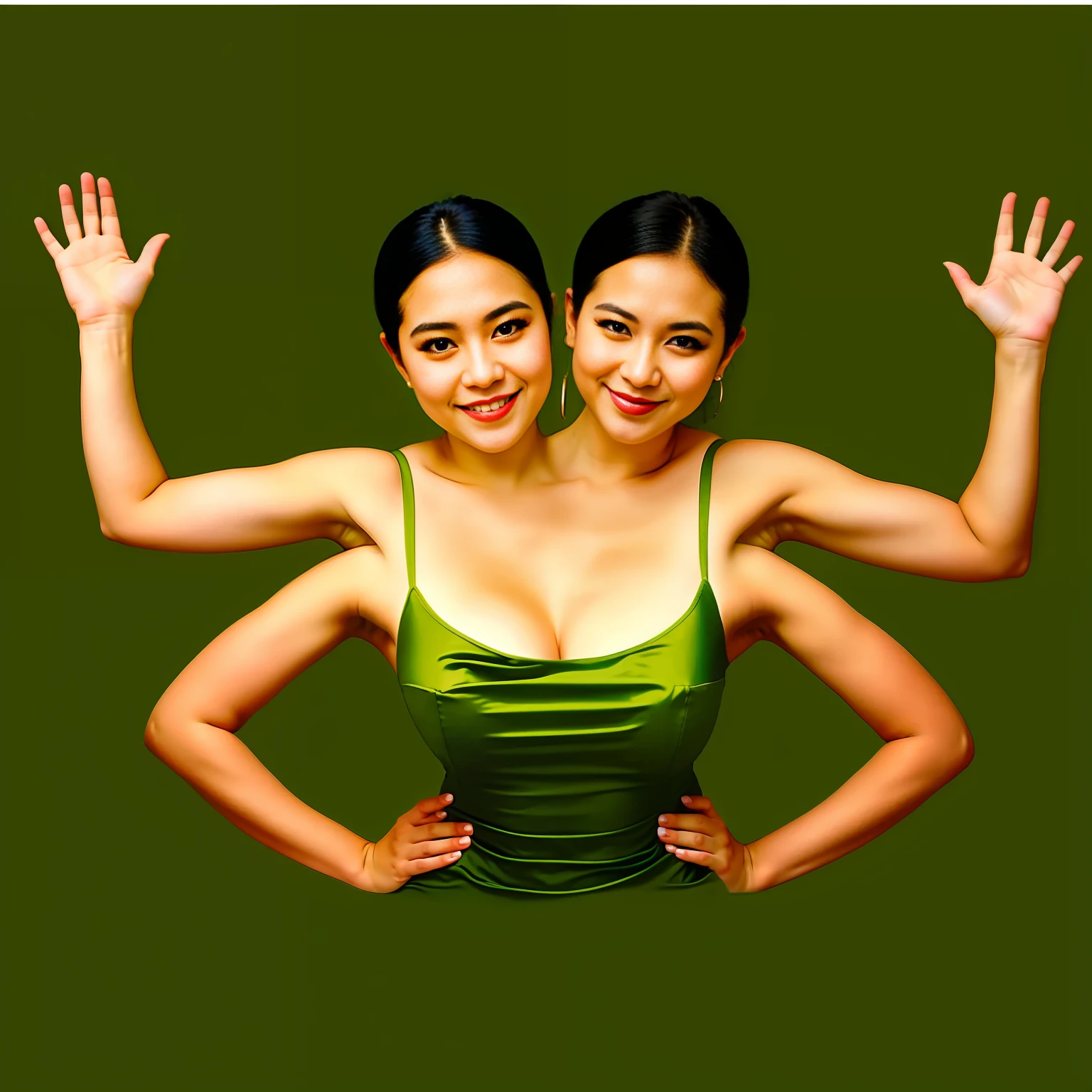2heads, Extra arms, a woman posing for a picture, green dress, curvy arms, incredibly beautiful, strong pose, very beautiful, arms to the side, 4 arms and 2 legs!, curvy arms, multiple arms, armpits fused to shoulders, normal hands, slender body, identical faces, chinese