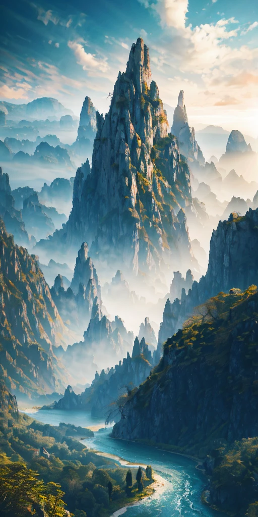 poetic scenery far and wide, bright sunlight, with twisting rivers and karst landscape, perspective, drone view, 8k, beautiful sunrise, --ar 9:5