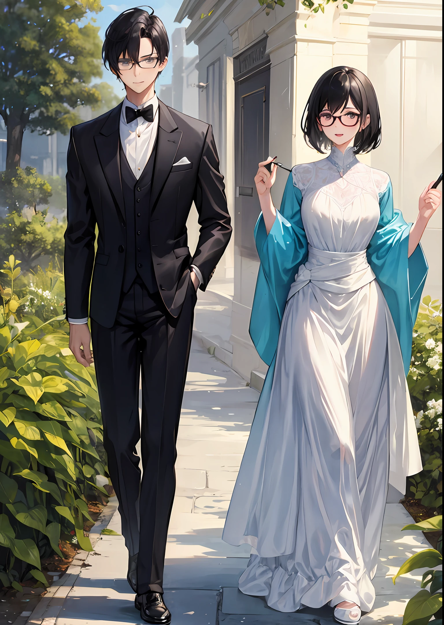 a boy short black hair fair complexion with specs wearing a formal suit looking at a girl fair complexion wearing glasses and a white dress black hair holding her waist both with similar height nature background