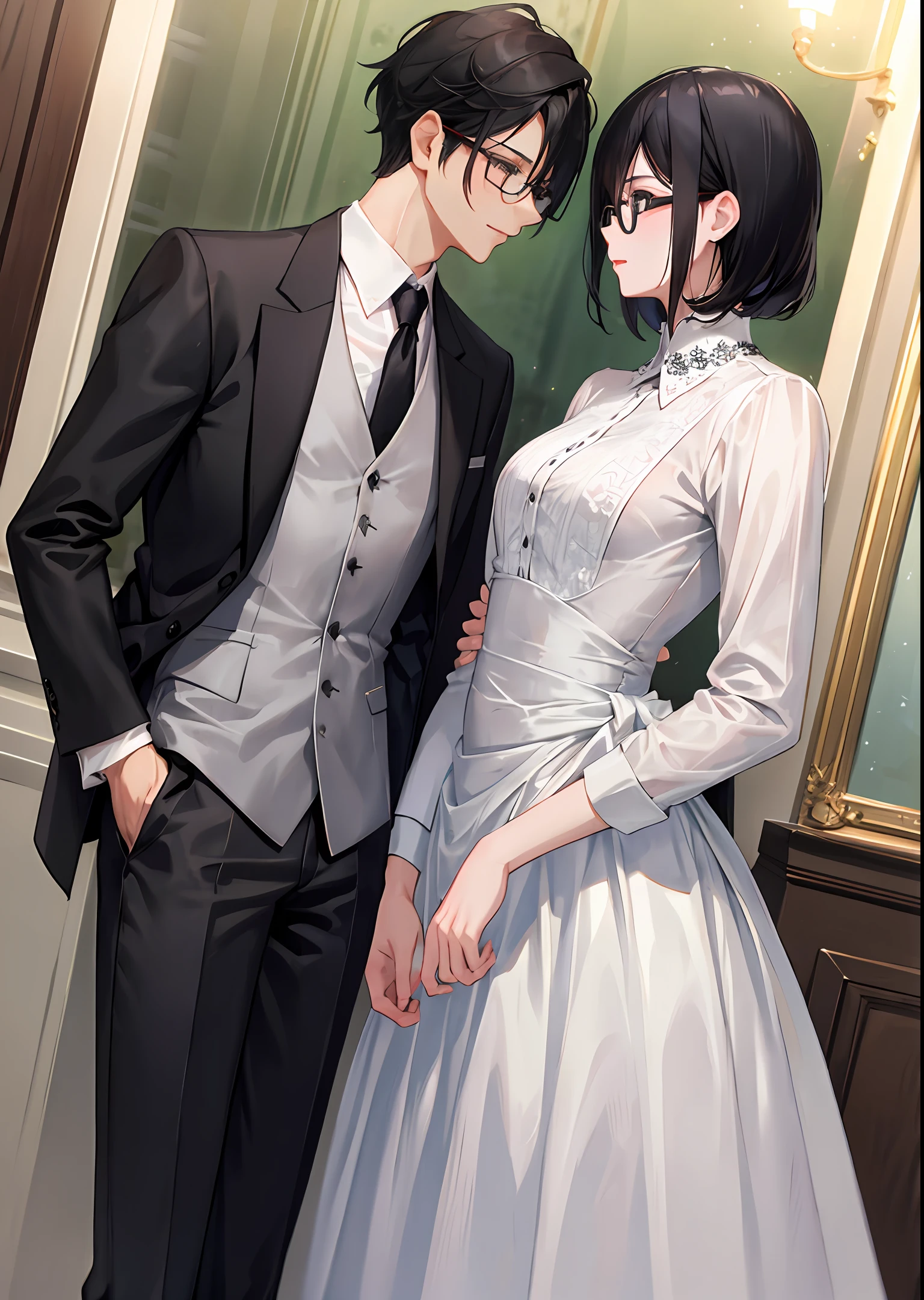 a boy short black hair fair complexion with specs wearing a formal suit looking at a girl fair complexion wearing glasses and a white dress black hair holding her waist both with similar height nature background