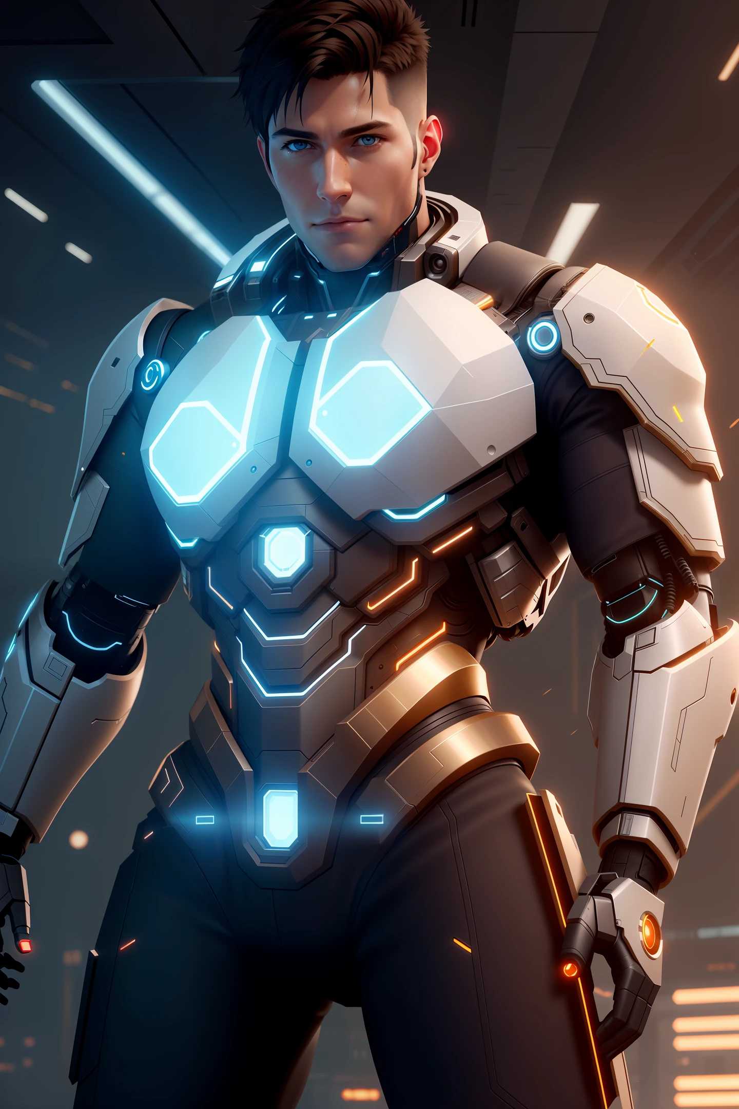 knolling, futuristic gear, cyborg hero, handsome, perspective, soft light, unreal engine, ultra hd