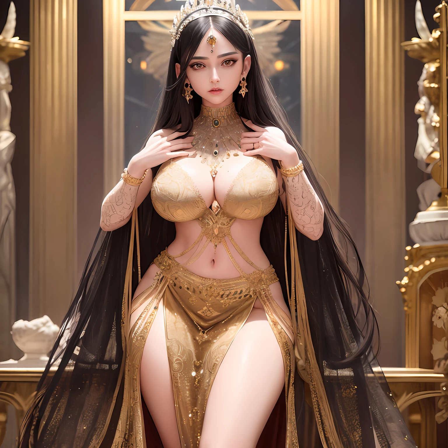 ultra realistic 8k cg, epic, (royal palace), royal, ((rich, prestige)), perfect artwork, masterpiece, picture-perfect face, perfect face, beautiful face, ((perfect female body)), charming, seductive, erotic, alluring, enchanting, mature female, narrow waist, gorgeous goddess, deity, divine queen, absurdly long hair, black hair,light blue eyes, glowing eyes, piercing eyes, looking at viewer, ((intricate detail, delicate pattern)), science fiction, jewelry, gem, gold, diamond,