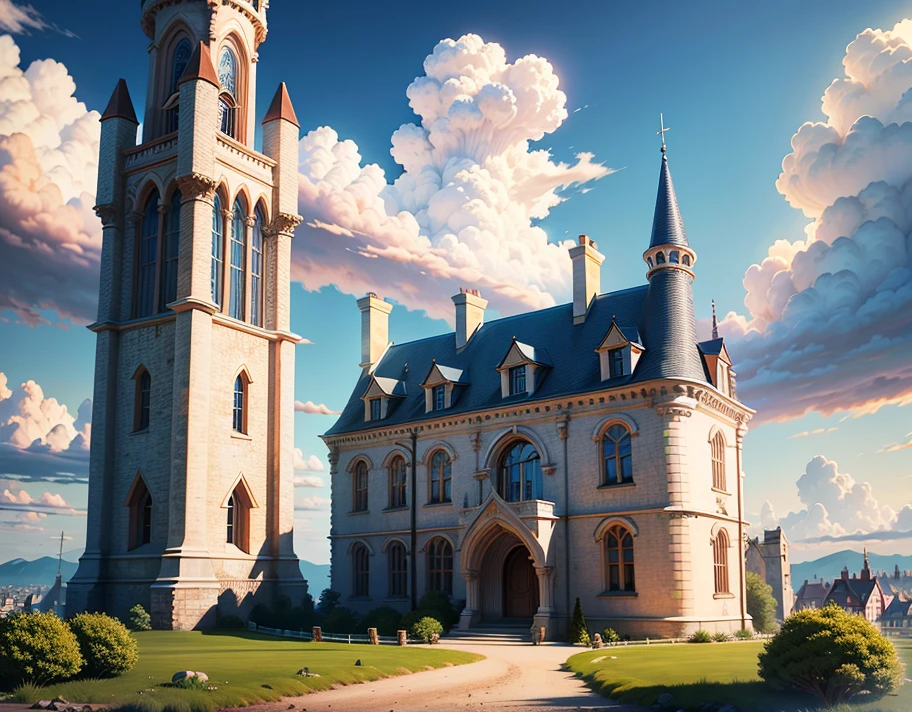 ((illustration, ultra hd, ultra detailed, 16k wallpaper, cinematic lighting, best quality, best lighting, extremely detailed, Artstation, ray tracing)), long castle, house, street, city medieval, landscape beautiful, clouds, clear sky, sun,