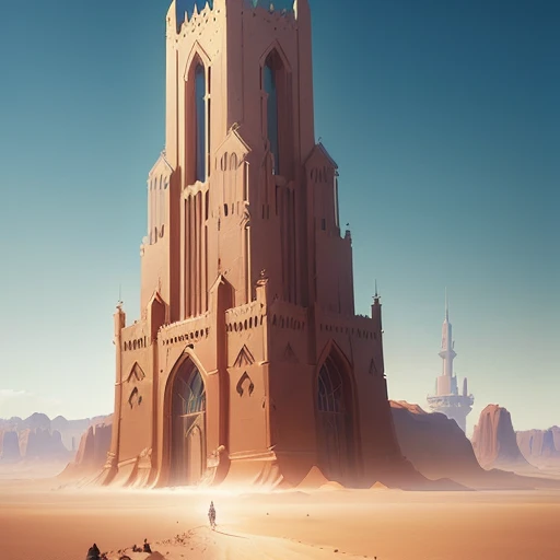 masterpiece, best quality, a lone and distant tower in a vast desert, digital painting, hyperrealistic, fantasy, by Andreas Rocha, artstation, sharp focus, dramatic, vintage, cinematic