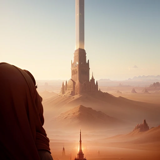 masterpiece, best quality, a lone and distant tower in a vast desert, digital painting, hyperrealistic, fantasy, by Christope Vacher, artstation, sharp focus, dramatic, vintage, cinematic
