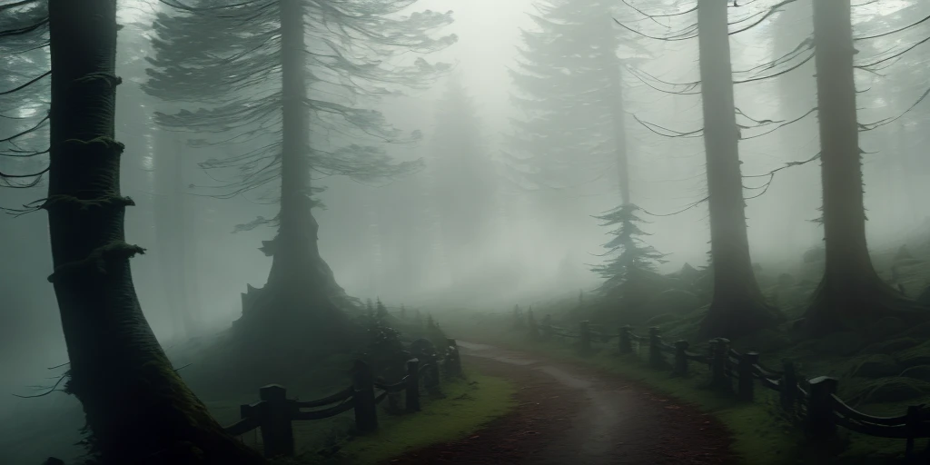 (best quality, ultra-detailed), an extremely delicate and beautiful, gothic, heavy mist in the forest, horror, Barovia-inspired, wide shot, desaturated, volumetric light, spooky ambiance.