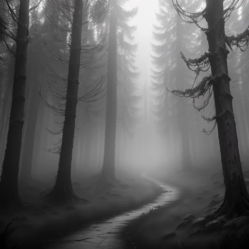 (masterpiece, best quality, ultra-detailed), Barovia, gothic, heavy mist in the forest, horror, wide shot, desaturated, volumetric light, spooky ambiance.