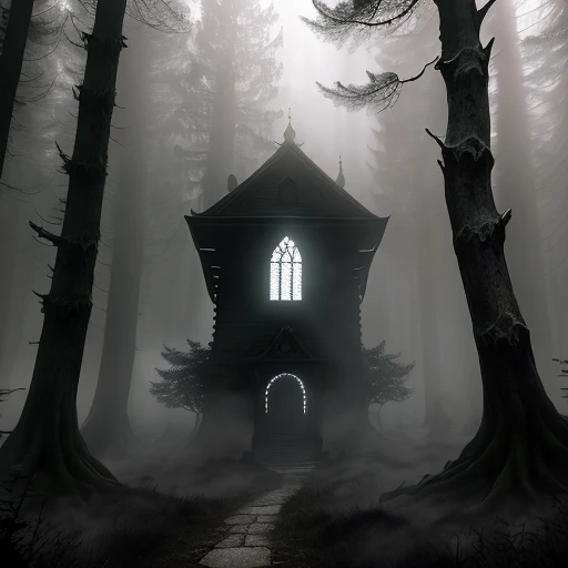 (masterpiece, best quality, ultra-detailed), Barovia, gothic, heavy mist in the forest, horror, wide shot, desaturated, volumetric light, spooky ambiance.