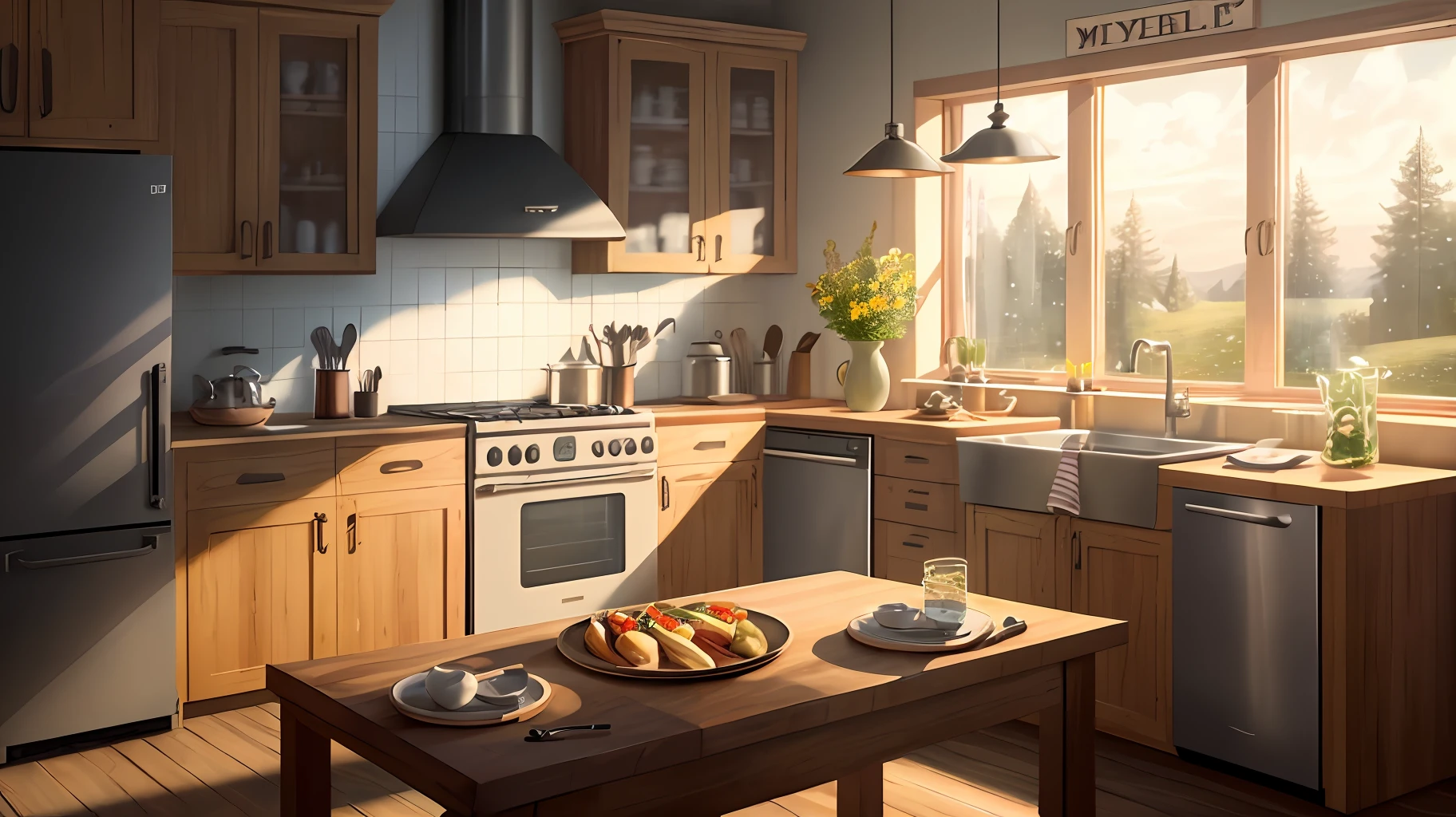 culinary studio, table in the center, window on the right, a stove with an extractor hood on the back, ingredients on the table, food and cutlery, ultra-realism, photorealism, unrealistic rendering