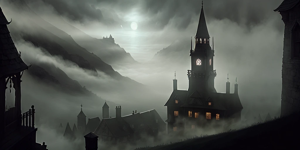 (masterpiece, best quality, ultra-detailed), the mists of Barovia, gothic, horror, full-colour digital painting, wide shot, cinematic, spooky ambiance.