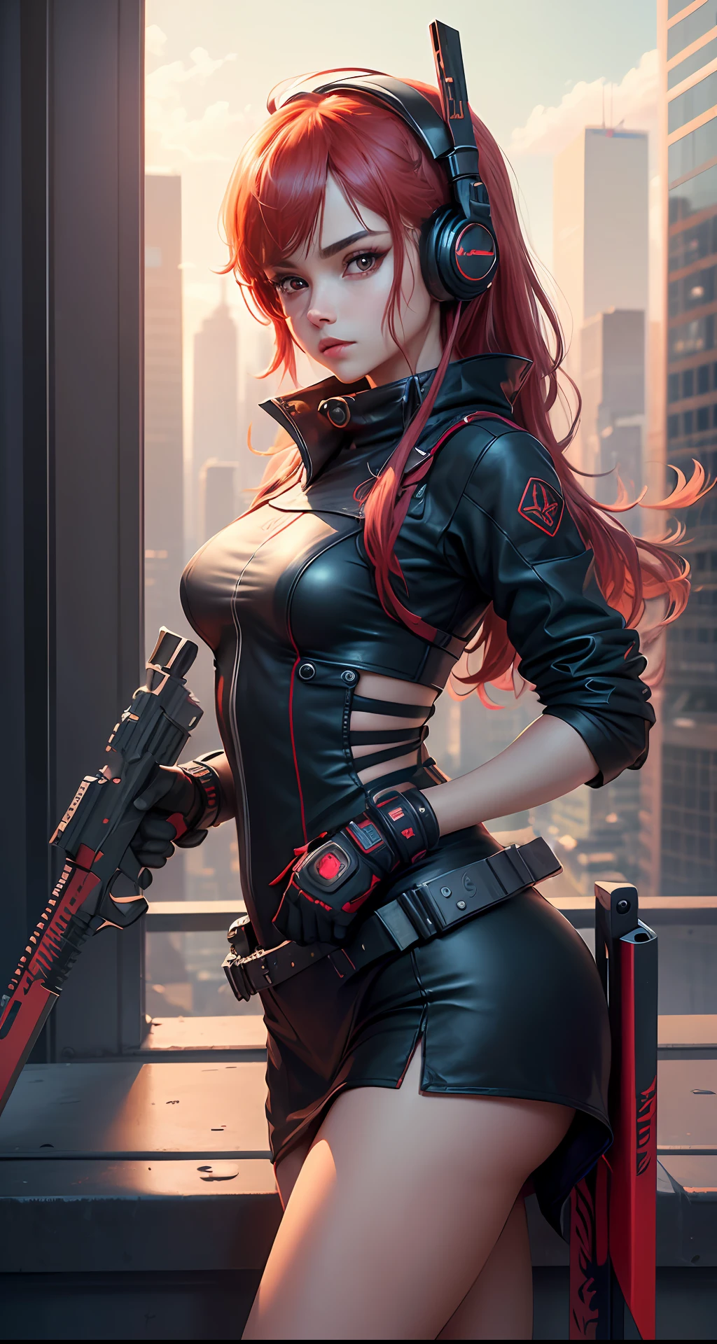 On the roof of a skyscraper, an android girl, wearing red headphones, holds a sword and a gun in her hands, in the background of the city panorama. (Extremely detailed and beautiful CG unity 8k wallpaper, masterpiece, best quality, dynamic angle, highlighting red and black color scheme, futuristic feel, android girl, cityscape, sword, gun, high resolution)