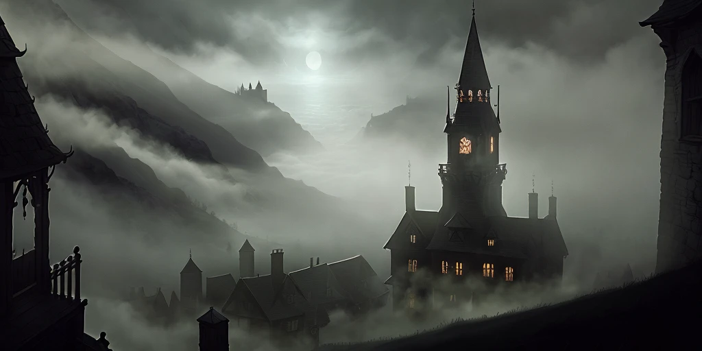 (masterpiece, best quality, ultra-detailed), the mists of Barovia, gothic, horror, full-colour digital painting, wide shot, cinematic, spooky ambiance.