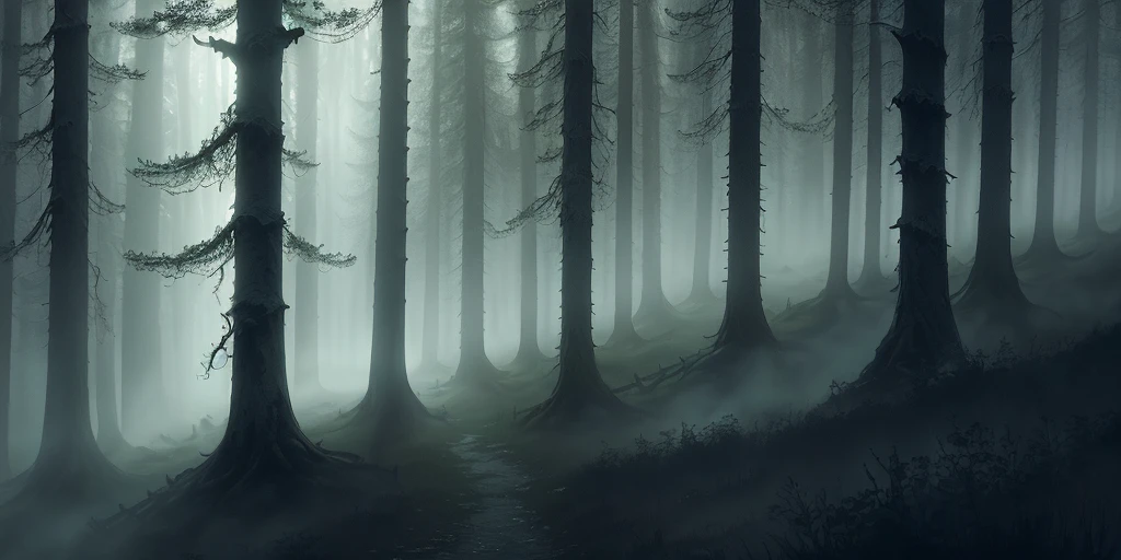 (masterpiece, best quality, ultra-detailed), the mists of Barovia, forest, gothic, horror, full-colour digital painting, wide shot, cinematic, spooky ambiance, dark forest