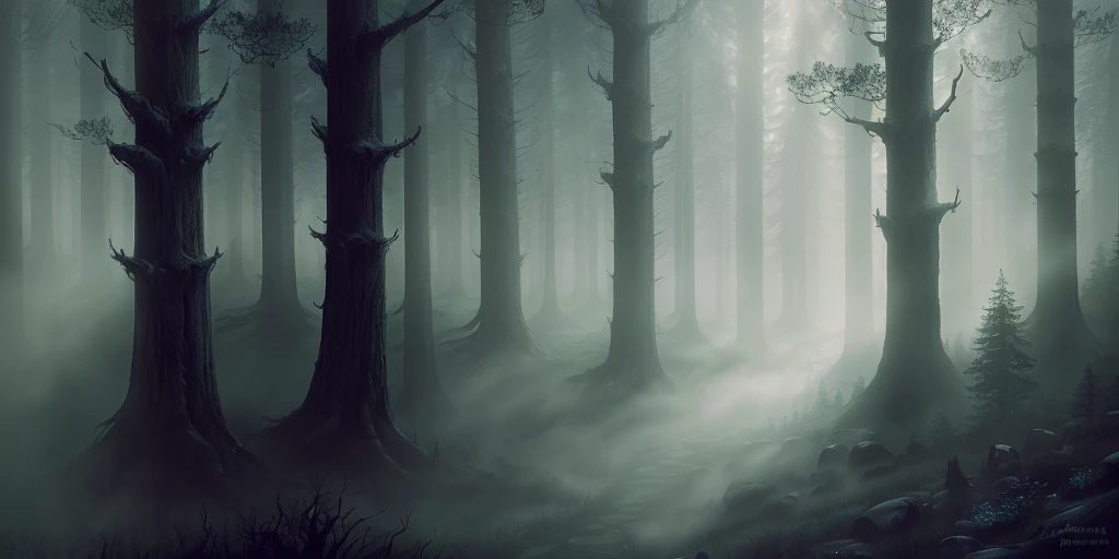 (masterpiece, best quality, ultra-detailed), the mists of Barovia, forest, gothic, horror, full-colour digital painting, wide shot, cinematic, spooky ambiance, dark forest