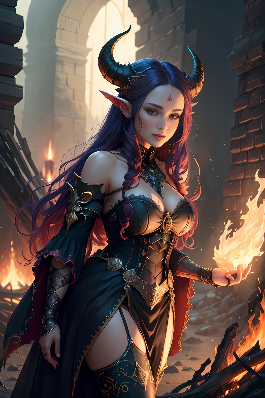 a woman with horns and a dress is standing in front of a fire, succubus | medieval, intricate details, highly detailed, detailed face, detailed eyes, lilith, detailesd background, epic fantasy art style hd, epic fantasy digital art style, 4k fantasy art, gothic fantasy art, dark fantasy style art, epic fantasy art style, epic fantasy style art, hd fantasy art, epic fantasy digital art