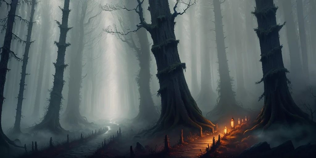 (masterpiece, best quality, ultra-detailed), a dangerous journey, gothic, horror, full-colour digital painting, wide shot, cinematic, spooky ambiance, dark forest