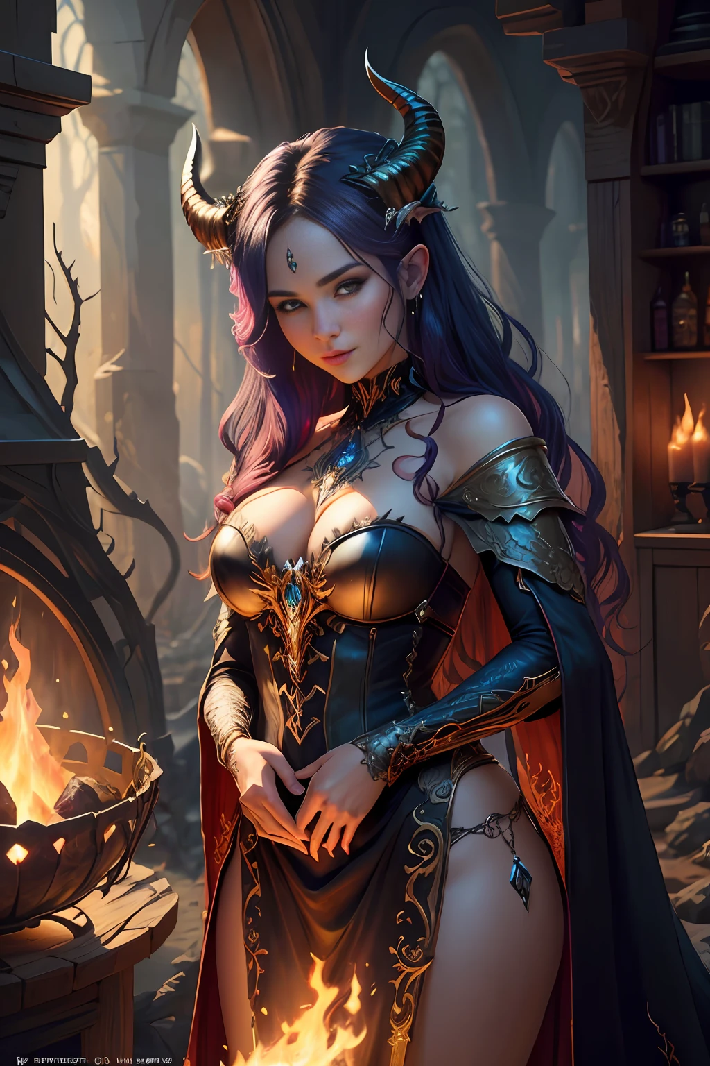 a beautiful woman with horns and a dress is standing in front of a fire, succubus | medieval, intricate details, highly detailed, detailed face, detailed eyes, fierce, intriguing,  lilith, detailed background, epic fantasy art style hd, epic fantasy digital art style, 4k fantasy art, gothic fantasy art, dark fantasy style art, epic fantasy art style, epic fantasy style art, hd fantasy art, epic fantasy digital art, realistic eyes, realistic face