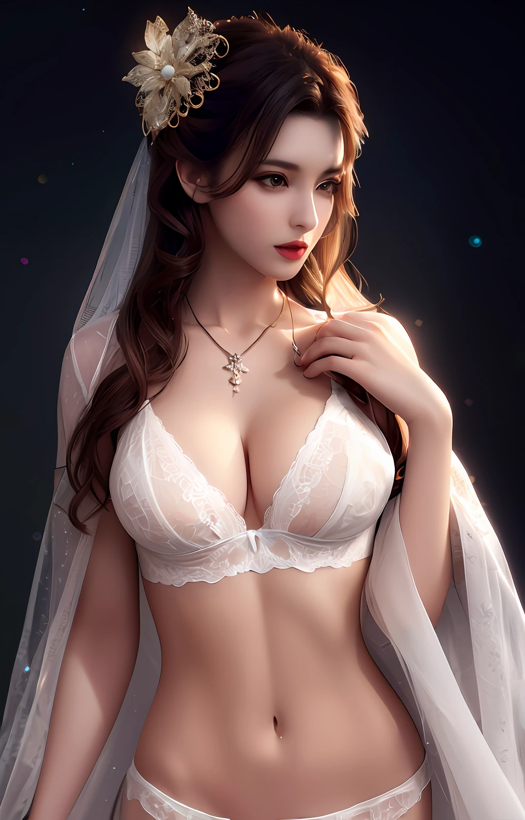 best quality, masterpiece, high_res, 1girl, hair ornament, necklace, jewelry, Beautiful face, tyndall effect, photo realistic, rim lighting, two tone lighting, (high detailed skin:1.2), 8k uhd, dslr, soft lighting, high quality, volumetric lighting, candid, Photograph, high resolution, 4k, 8k, Bokeh, medium breasts, lingerie pijamas, see-through, nipple, absurdres