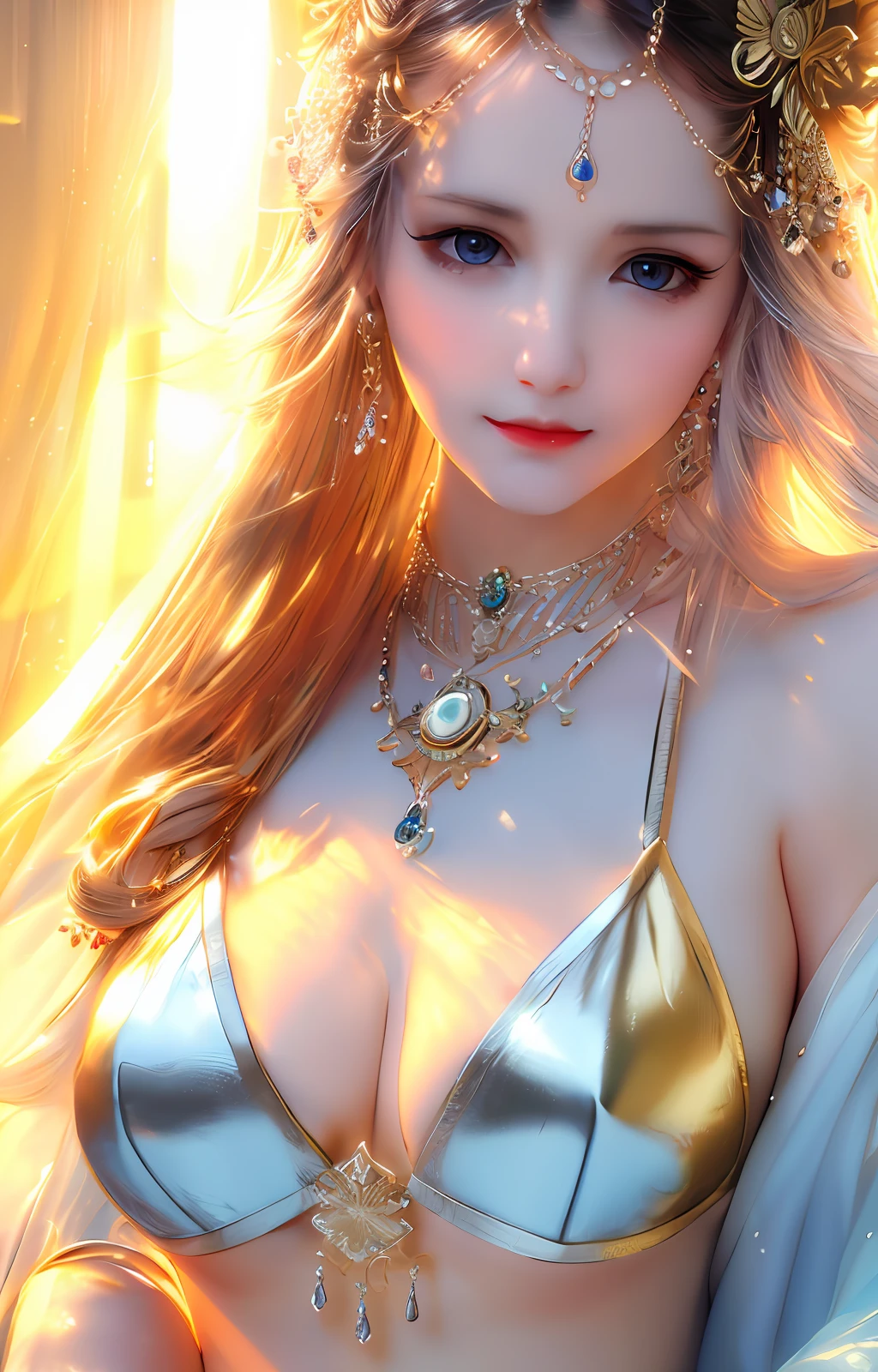 best quality, masterpiece, high_res, 1girl, hair ornament, necklace, jewelry, Beautiful face, tyndall effect, photo realistic, rim lighting, two tone lighting, (high detailed skin:1.2), 8k uhd, dslr, soft lighting, high quality, volumetric lighting, candid, Photograph, high resolution, 4k, 8k, Bokeh, medium breasts, absurdres