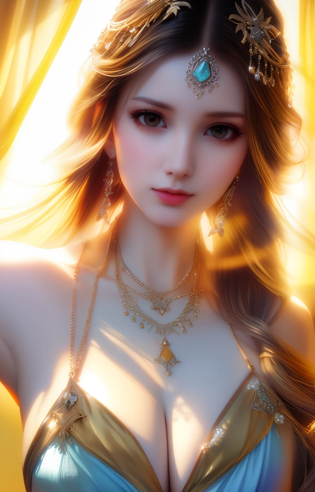 best quality, masterpiece, high_res, 1girl, hair ornament, necklace, jewelry, Beautiful face, tyndall effect, photo realistic, rim lighting, two tone lighting, (high detailed skin:1.2), 8k uhd, dslr, soft lighting, high quality, volumetric lighting, candid, Photograph, high resolution, 4k, 8k, Bokeh, medium breasts, absurdres