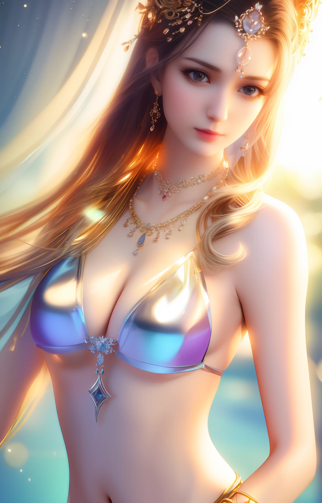 best quality, masterpiece, high_res, 1girl, hair ornament, necklace, jewelry, Beautiful face, tyndall effect, photo realistic, rim lighting, two tone lighting, (high detailed skin:1.2), 8k uhd, dslr, soft lighting, high quality, volumetric lighting, candid, Photograph, high resolution, 4k, 8k, Bokeh, medium breasts, absurdres