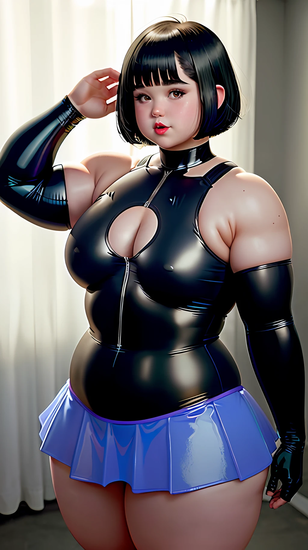 fat muscular femboy in liquid latex leotard wear mini skirt,giga exagerated shoulders,inverted bobcut hair,revealing clothes